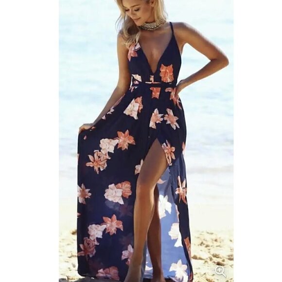NAVY BLUE PINK FLORAL PLUNGE V NECK CRISSCROSS BACK HIGH SLIT MAXI DRESS Small - Picture 1 of 11